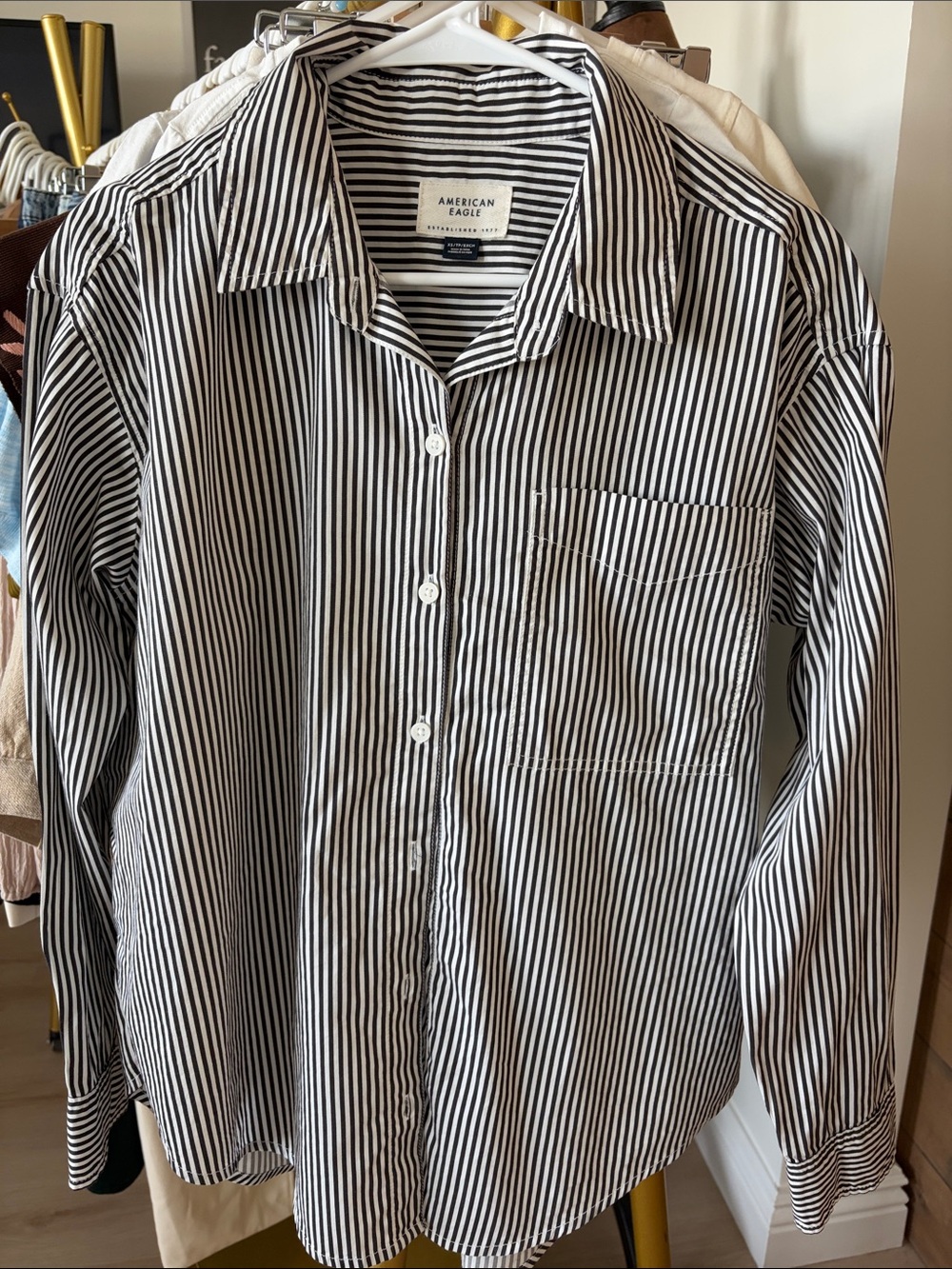 American Eagle Outfitters Black and White Vertical Stripe Button-Down Shirt